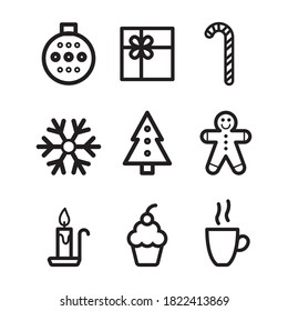 Christmas icons vector set. Gift box with ribbon bow, candy, ginger man, cup, cake, snowflake, ball, fir tree, candle, garland. New Year celebration tradition pictograms. Pack of festive pictograms.
