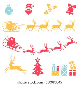 Christmas icons. Vector set of isolated on white background. Santa claus sleigh.