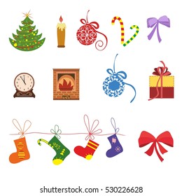 Christmas icons vector set. Set of Christmas tree, candle, Christmas ball, ribbon, clock, fireplace, gift,present,Christmas socks, icons, decor isolated.