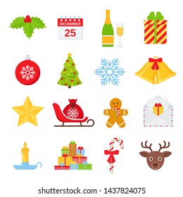 Christmas icons. Vector. Winter icon set. Christmas decorations in flat design isolated on white background. Cartoon colorful illustration. Collection holiday red green symbols.