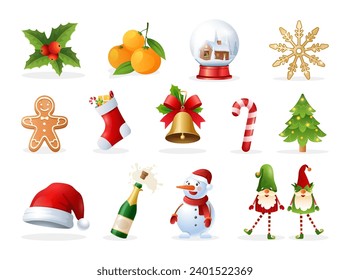 Christmas icons. Vector winter icon set with gingerbread man, snowman, bell, candy, gift, santa hat, gnomes. Festive symbols and design elements. Xmas design for holidays decoration and celebration