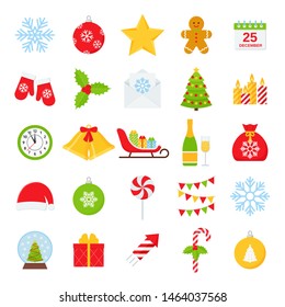 Christmas icons. Vector. Xmas winter decorations isolated on white background. Set of cute holiday red green symbols in flat design. Cartoon colorful illustration. Collection color objects.