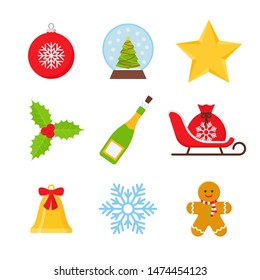 Christmas icons. Vector. Xmas winter symbols isolated on white background. Set of cute holiday decorations in flat design. Cartoon colorful illustration. Collection red green objects.