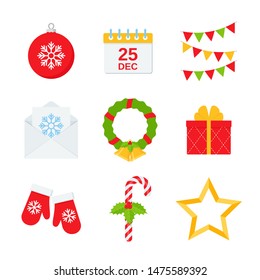 Christmas icons. Vector. Xmas winter symbols. Set of cute holiday decorations isolated on white background in flat design. Cartoon colorful illustration. Collection festive color objects.