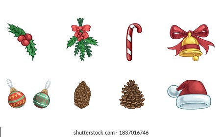 Weihnachtssymbole auf weißem Hintergrund. Vektorgrafik von Konus, Weihnachtsmützen, Glocken, Bonbons, Mistelschmuck und Weihnachtsdekorationen