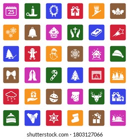 Christmas Icons. White Flat Design In Square. Vector Illustration.