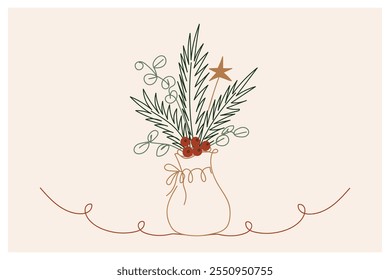 Christmas ikebana drawn by one line. Color line art. Hand drawn naive vector illustration.