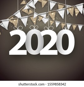 Christmas illustration. 2020 new year card with golden flags and paper confetti. Greeting card. Winter decoration - Vector
