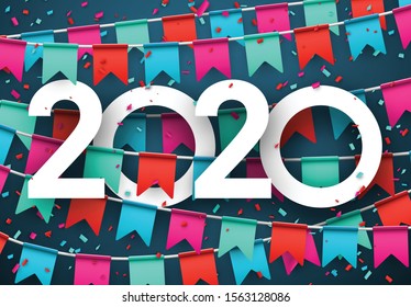 Christmas illustration. 2020 new year card with colorful flags and paper confetti. Greeting card. Winter decoration - Vector