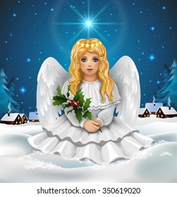 Christmas illustration with angel girl under bethlehems star, EPS 10 contains transparency.