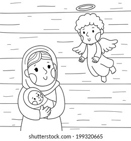 Christmas illustration  Baby Jesus Mary   the angel  coloring  vector
