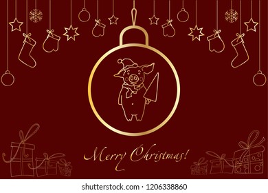 Christmas illustration with background, congratulation. Linear golden pattern. Christmas pig with a Christmas tree.