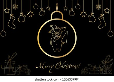 Christmas illustration with background, congratulation. Linear golden pattern. Christmas pig with a Christmas tree.