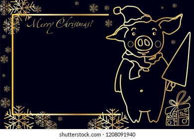 Christmas illustration with background, congratulation. Linear golden pattern. Christmas pig with a Christmas tree.