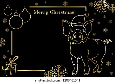 Christmas illustration with background, congratulation. Linear golden pattern. Christmas pig with a Christmas tree.