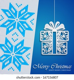 Christmas illustration - background with knitted pattern and present 