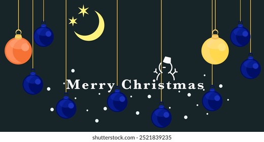 Christmas illustration with balls, and crescent moon, stars, and a snowman. The banner with Merry Christmas text. 