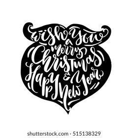 Christmas illustration Beard Silhouette with Calligraphy Greetings Happy New Year. Hand drawn lettering design for cards, t-shirt, poster, mug for holiday season.