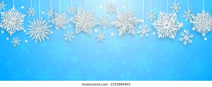 Christmas illustration with beautiful complex paper snowflakes, white on light blue background