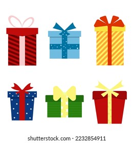 Christmas illustration, beautiful gifts on a white background. Colorful, various gift boxes with ribbons and bows. Christmas Surprises
