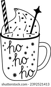 Christmas illustration in a beautiful mug. A hand-drawn Christmas sketch.  Festive cocoa with cream, a cup of hot chocolate or winter coffee. Vector illustration.
