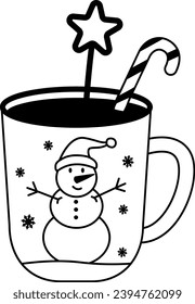 Christmas illustration in a beautiful mug. A hand-drawn Christmas sketch.  Festive cocoa with cream, a cup of hot chocolate or winter coffee. Vector illustration.