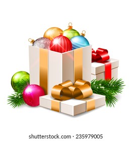 Christmas illustration, beautiful shiny baubles and gift boxes, fir branches with snow isolated on white