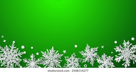 Ilustración de Navidades con hermosos copos de nieve complejos blancos con sombras suaves sobre fondo verde