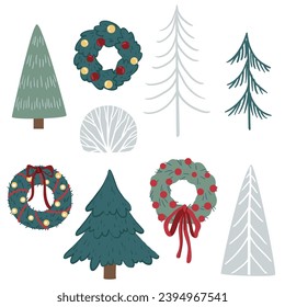 
Christmas illustration with beautiful winter trees and Christmas wreaths. Suitable for postcard, poster design