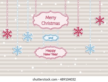 Christmas illustration with beige stripes covered by white dots as a snowflakes. Illustration contains text: MERRY CHRISTMAS and HAPPY NEW YEAR. Christmas poster with color snowflakes.