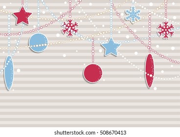 Christmas illustration with beige stripes covered by white dots as a snowflakes. Christmas poster with color snowflakes and christmas decorations.