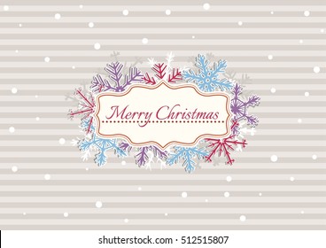 Christmas illustration with beige stripes covered by white dots as a snowflakes. Illustration contains text: MERRY CHRISTMAS. Christmas poster with color snowflakes.