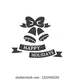 Christmas illustration with bells and ribbon with congratulations. Ribbon "Happy Holidays" Vector greeting card with noisy texture.