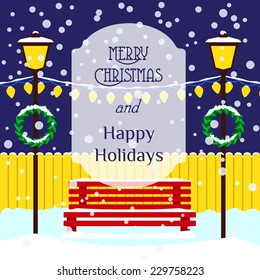 Christmas illustration with bench, lights, wreaths, drifts, snowflakes, inscription Merry Christmas and Happy holidays.