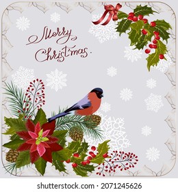 Christmas illustration with berries.Vector Christmas illustration with a bird, a composition of berries and fir branches with text on a colored background with decor.
