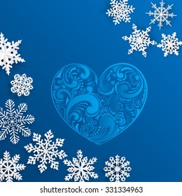 Christmas illustration with big heart and snowflakes on light blue background