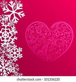Christmas illustration with big heart and snowflakes on red background