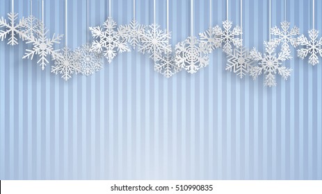 Christmas illustration with big white hanging snowflakes on light blue striped background