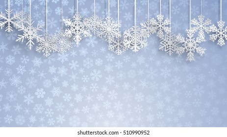 Christmas illustration with big white hanging snowflakes on light blue background