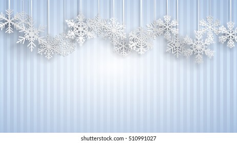 Christmas illustration with big white hanging snowflakes on light blue striped background