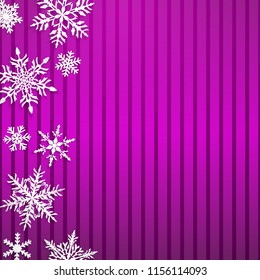 Christmas illustration with big white snowflakes with shadows on striped purple background