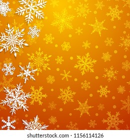 Christmas illustration with big white snowflakes with shadows on yellow background