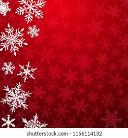 Christmas illustration with big white snowflakes with shadows on red background