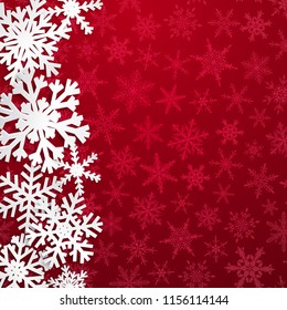 Christmas illustration with big white snowflakes with shadows on red background