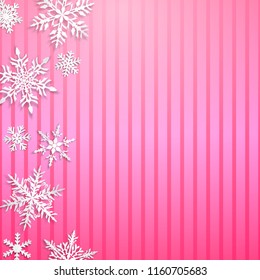 Christmas illustration with big white snowflakes with shadows on striped pink background