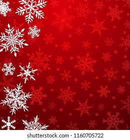 Christmas illustration with big white snowflakes with shadows on red background