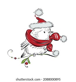 Christmas illustration - bird in New Year's hat and scarf. Fantasy art. Design for Christmas card. 