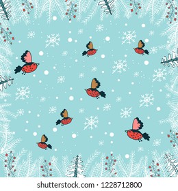 Christmas illustration with birds and christmas tree