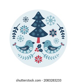 Christmas illustration with birds and tree