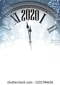 Christmas illustration. Blue shining 2020 New Year background with clock. Winter decoration - Vector